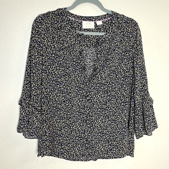 Maeve by Anthropologie Berwick Bell Sleeve Novelty Print Button‎ Up Top Size XS - Picture 2 of 6